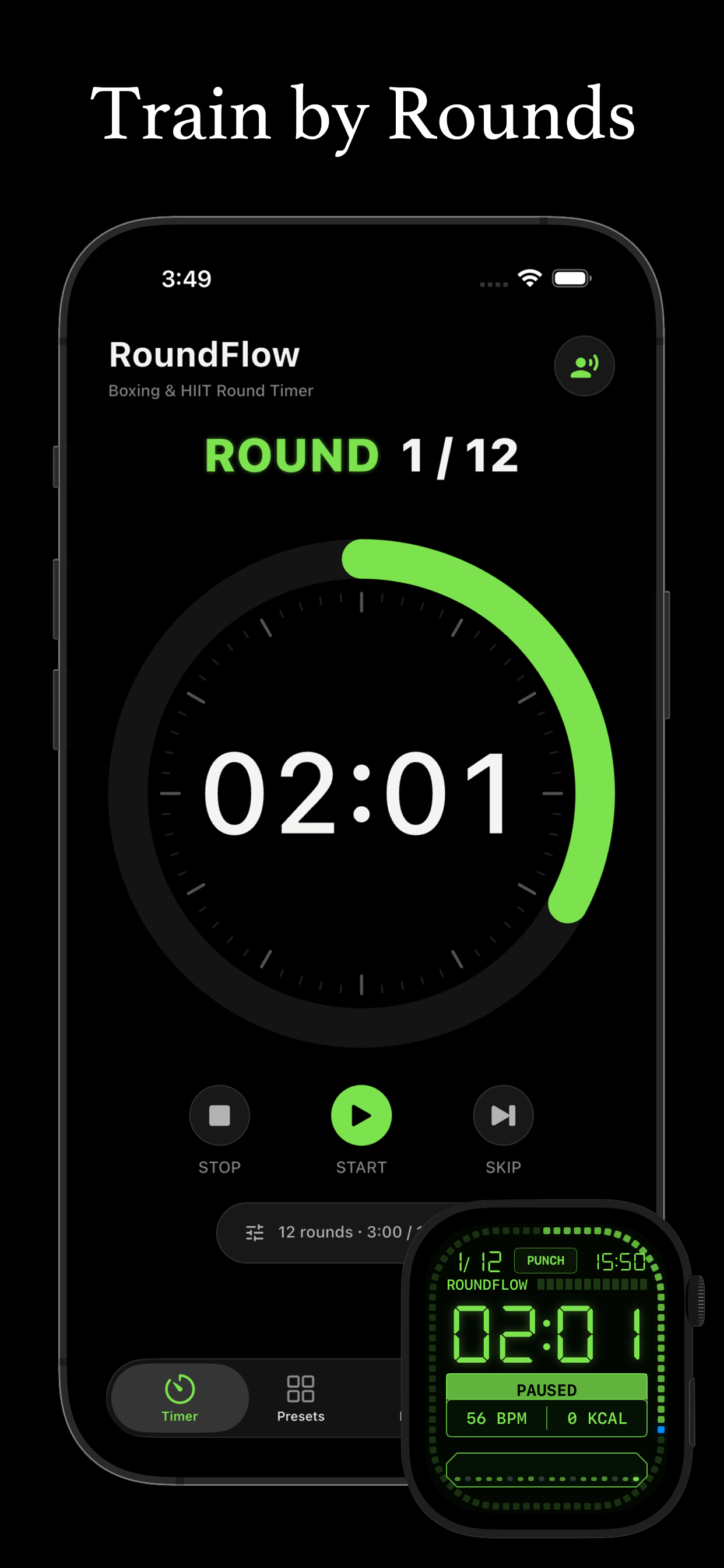 RoundFlow timer and Apple Watch promotional screen